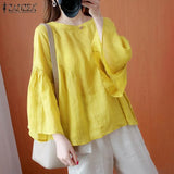 Vintage Patchwork Tops Women's Summer Blouses ZANZEA 2022 Casual Long Sleeve Blusas Female O Neck Lace Up Tunic Chemise