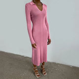 Turn Down Collar Long Sleeve Midi Knitted Dress High Split Autumn 2021 Chic Knitwear Elegant Female Aesthetic