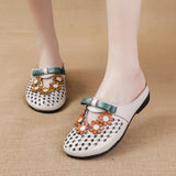 Summer New Flat-Soled Low-Heeled Women's Shoes National Style Leather Flower Slippers Hollowed-Out Breathable Comfortable Hole