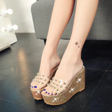 Women Sandals Rivets Transparent Peep Toe High Heels Sandals Fashion Ladies Glitter Platform Wedges Summer