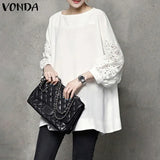 Women Elagant Solid Shirts Tunic Casual Round Neck Blouse VONDA 2022 Vintag 2/3 Sleeve Patchwork Tops Blusas