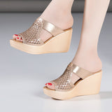 Women's Fashionable Slippers With Slope Heels Wear 2023 New Muffin Thick-Soled Waterproof Table Large Size 43 Mesh Fishmouth