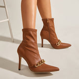 Women New Black Ankle Zipper Short Boots 2022 Women Pointed Toe Metal Chain Decoration Thin High Heels Autumn Sexy Booties