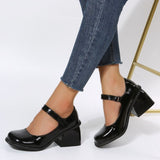 Breakj And Autumn New Small Square Buckle Square Mouth Square Head A Word Lacquer Leather Single Shoes Thick Heel With Women's Single Shoes