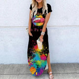 Summer New Fashion Striped Strapless Dress Loose Round Neck Short Sleeve Long Dress Casual Elegant Moon Star Printing