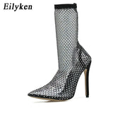 New Design Crystal Rhinestone Mesh Stretch Fabric Sock Boots Fashion PVC Transparent Pointed Toe Shoes Sexy High