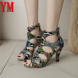Snakeskin Printing Zapatos Women Sandals hollow Sexy Exquisite Super High Heels Ladies Increased Peep toe Stiletto Womens