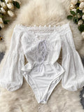 Women's Bodysuits 2023 Summer Autumn Ins Hollow Lace Spliced Lace-up V-neck Off Shoulder Lantern Sleeve Sexy Club Body