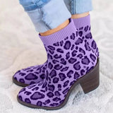 Leopard Ankle Boot Knitting Woman Sock Boots Fashion Autumn Female Block Chunky Heels Comfortable Ladies Short