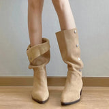 Shoe Two Wear Vintage Wrinkled Boots Frosted Pile Boots Female Thick Heel Temperament Pointed Button Middle