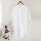 Women Casual Loose Solid 100% Cotton T Shirt Dress O Neck Mini Dress Batwing Short Sleeve Basic Dresses