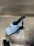 New Summer Denim Cross-Band Square Head Stiletto Slippers Wearing Fashionable High-Heeled Women's