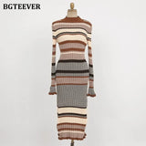 Vintage Striped Ladies Midi Dress 2021 Autumn Elegant Women Stretched Knitted Dress Full Sleeve Female Sweater
