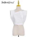 White Casual Shirt For Women Asymmetrical Collar Sleeveless Solid Minimalist Blouses Female Korean Fashion
