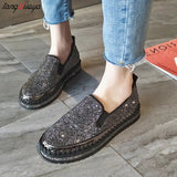 pink Luxury Women Flats Rhinestone Sewing Platform Loafers Slip on Sewing Shallow Fashion Casual Shoes Ladies
