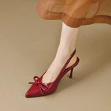 Breakj 2025 New Women's Shoes Red Bow Decorated High-Heeled Muller Shoes After The Tip Of The Stumbling Striped Sandals Women's