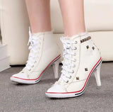Women Canvas Shoes Denim High Heels Rivets Shoes Fashion Shoe Spring Sneakers Women's Pumps Black Blue Autumn New