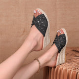 Breakj Hemp Rope Woven Edge Rivet Decorative Wedge Slippers Women Denim Large Size Wedge Slippers
