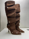 Breakj New High Heel Pointed Metal Rivet Jeans Splicing Two Wear Pile And Knee Boots Large Size Women's