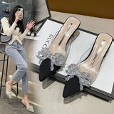 Breakj Summer New Korean Version Of The Bow Water Diamond Tip Head Half Drag High Heel Slippers Thin Heel Women's