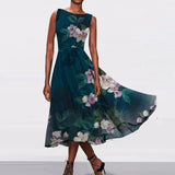 Women Spring O Neck High Waist Long Boho Dress Vintage Plants Print High Waist Office Dress Summer Sleeveless Tank Maxi