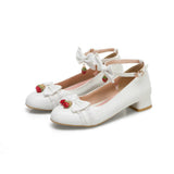 Fashion Cosplay Party Princess Lolita Women Shoes Low Heel Mary Jane Butterfly-Knot Block Pumps Shining Strawberry