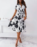 Fashion Print Party Dresses 2022 Summer Elegant Button-Up Lace-Up Dress Women Office Ladies Casual Short Sleeve High Waist