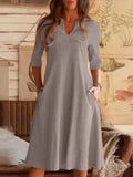 New Summer Commuter Women Dress A-line Skirt Solid Cotton Linen Pocket Mid Sleeve Holiday Dress 2022 Elegant V-Neck Loose