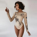 Puss Print O-Neck Autumn Bodysuits Fitness Skinny Long Sleeve Stretch Bodycon Casual Wild Basic Streetwear Sporty Slim