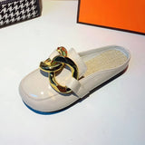 Women Slipper Low Heels Casual Slides Flip Flop Round Toe New Arrival Brand Design Gold Chain Closed Slip On Shoes