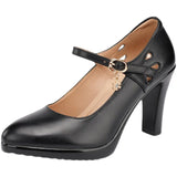 Model Catwalk High Heels, Pointed Black Professional Work Shoes, Large Size One-Word Buckle Soft Leather