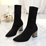 Size Sleeve Wool Tip Thick Heel Flying Woven Elastic Sock Boots Autumn New Mid-Barrel High-Heeled Women's Boots Size