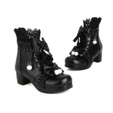 Pink White Black Chunky Heel Lolita Shoes Butterfly-knot Hollow Lace Womens Cosplay Princess Court Vintage Winter Ankle