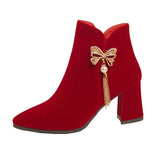 Breakj New Bow Water Diamond String Beads Wedding Shoes Korean Version Tassel Thick Heel Comfortable Bride Boots Wine Red Fashion