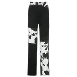 Patchwork Cow Print Jeans Women Casual High Waisted Pants Capris Harajuku 90s Black Long Trousers Ladies