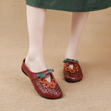 Summer New Flat-Soled Low-Heeled Women's Shoes National Style Leather Flower Slippers Hollowed-Out Breathable Comfortable Hole