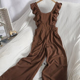 Spring New Arrival Women Casual Solid Jumpsuit Office Lady Sleeveless Ruffle Sexy Top Long Wide Leg Pants