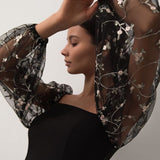 Women Puff Floral Embroidery Mesh Sleeve Dress Transparent Autumn 2021 Vintage Streetwear Party Elegant Female