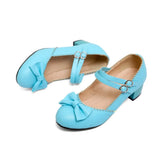 EDEELVEEYS Vintage Mary Janes Daily Party Ladies Shoes Lolita Bowtie Med Heels Pumps Women Plus Size 34-50 Purple Blue