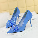 Breakj Korean Version Banquet High-Heeled Shoes Women Thin Heel Suede Shallow Mouth Pointed Gem Water Diamond Bow Single