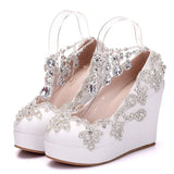 Queen Rhinestone Bride Wedding Shoes Woman Ankle Strap Wedges High Platform
