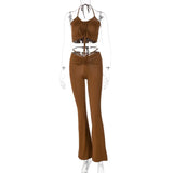 women halter bandage v-neck sleeveless ruched tops sweatpants solid matching set sexy clubwear stretchy skinny