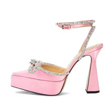 Satin Rhinestones Platform Wedges Women Pumps Elegant Slingbacks Cross-tied Dress High heels Spring Summer Chunky