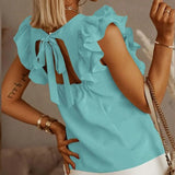 Fashion New Women Loose O Neck Ruffled Short Sleeves Tops Casual Solid Color Elegant Office Lady Slim Pullover