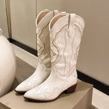 White Cowboy Boots for Women Embroidery Pointed Toe Mid Calf Botas Female Slip On Thick Heels Cowgirl Boots Woman