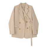 Spring New Arrival Office Ladies Vintage Solid Blue Khaki Blazer Women Elegant Double Breasted Loose Fashion Suit