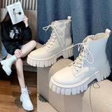 Gothic Combat Boots Women Platform White Boots 2021 New Lace Up Black PU Leather Chunky Ankle Boots Female
