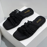 Slippers Personality Hemp Rope Upper Design Flat Sandals Women Casual Solid Color Square Toe Hollow Flat Heel Woman
