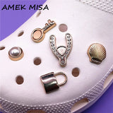 Metal Wish Bone Shoe Charms Accessories Shell Lock Key Pearl Shoe Buckle Decorations fit Kids X-mas Party Gifts