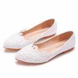 Breakj Flat-Bottomed Lace Wedding Shoes White Pointed Casual Flat Heels White Lace Casual Women's Shoes Low
